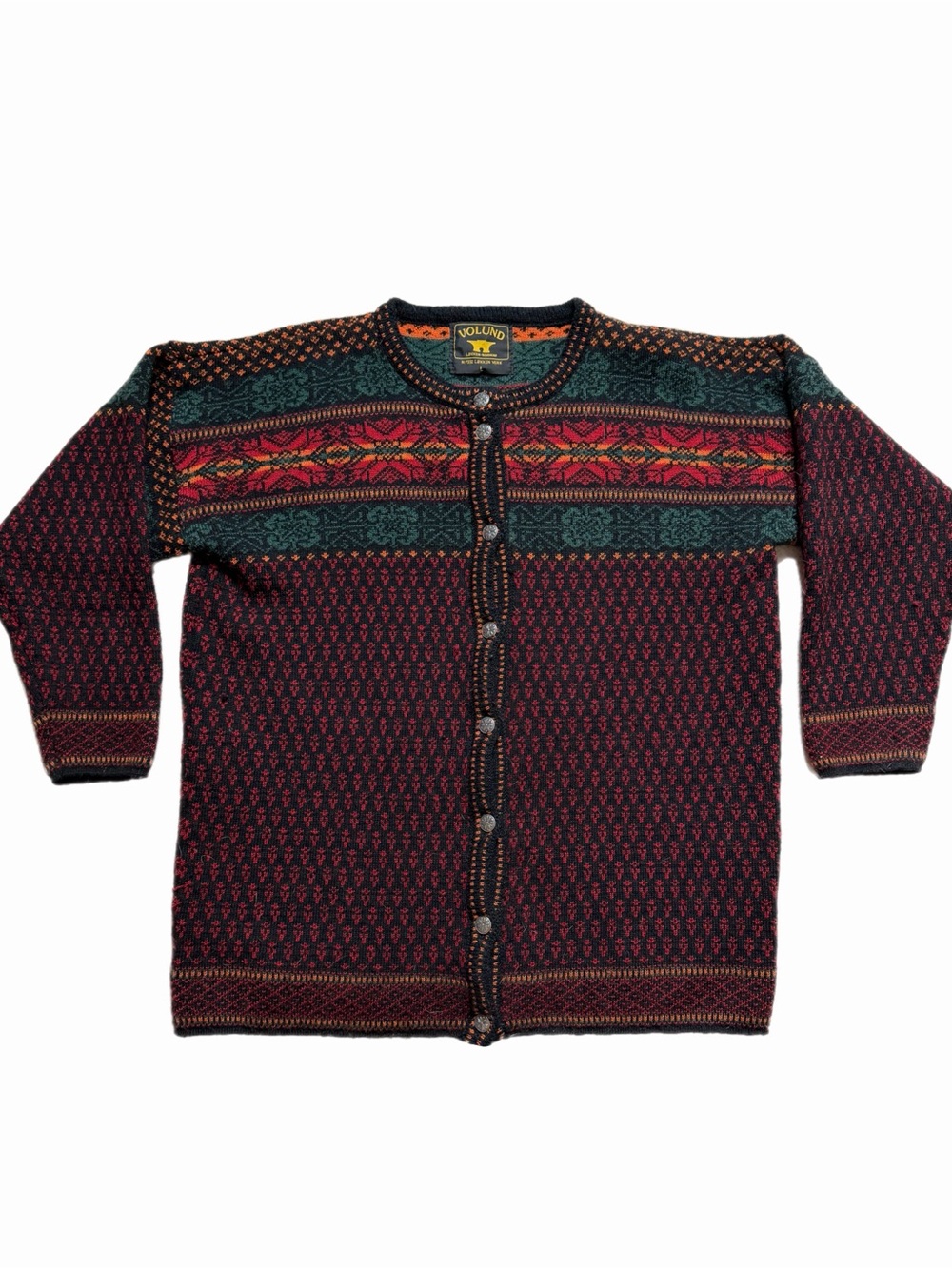 Volund Norwegian Wool Nordic Fair Isle Cardigan Sweater L Festive Green Red
